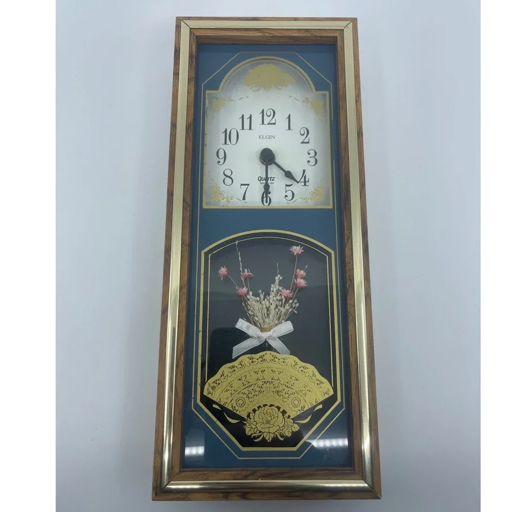 Vtg Elgin Quartz Wall Clock Wood Brass Trim 80s 90s Fan‎ Flowers USA works read